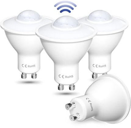 Lamptobe GU10 5W LED Motion Sensor Bulb, Cold White 6000K PIR Sensor LED Bulbs, Auto On/Off Motion Activated Security Light Bulb for Garage, Hallway, Patio, Balcony (4-Pack)