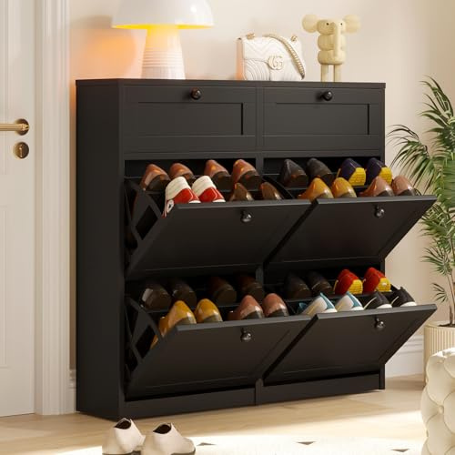 VOWNER Shoe Storage Cabinet with 4 Flip Drawers & 2 Pull-Out Drawers, Narrow Freestanding Hallway Organizer with Adjustable Shelves, Space Saving Cupboard for Entryway, Living Room (Black)