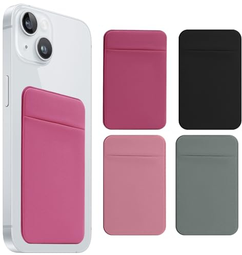4 PCS Cell Phone Card Holder Stick On, Elasticity Fabric Self Adhesive Phone Wallet for Back of Phone Case for iPhone Android and All Smartphones (Black+Gray+Pink+HotPink)