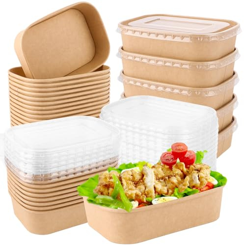 LDHHYH 50 Pièces Boîte à Emporter Alimentaire 500ml, Boîte Kraft avec Couvercle PET Transparent, Boîte Hermétique Jetable pour Salade, Sushi et Plats Chauds, 171x120x43mm