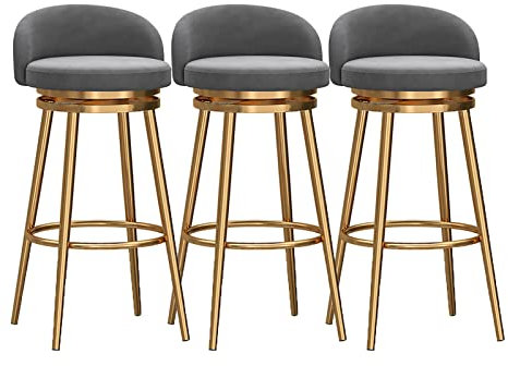 Barhocker im Bauernhaus-Stil, mit Rückenlehnen, Thekenhöhe, Drehhocker, Samt, gepolstert, 360° drehbar, goldfarbene Metallbeine, Grau, 65 cm Höhe, 3 Stück