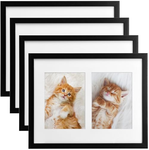 bomoe 4x Bilderrahmen Collage für 2 Fotos aus Holz mit Passepartout | 9x13cm Schwarz Kunststoffglas Metall-Aufhängung Fotorahmen für Set Multirahmen Fotocollage Wand mehrere Galeria