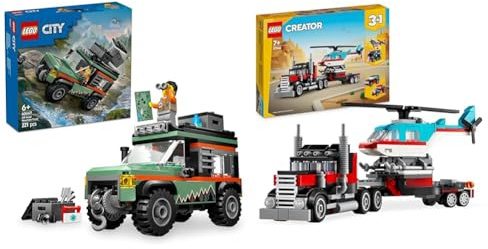 LEGO City Off-Road 4x4 Mountain Truck + Creator 3in1 Flatbed Truck with Helicopter Toys Fun Gift Ideas for Birthdays & Holidays 60447 + 31146