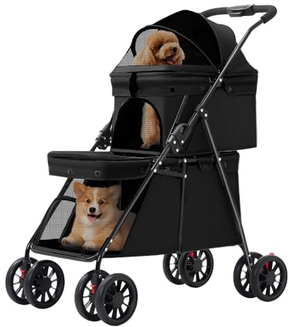 3-in-1-Kinderwagen, faltbar, 2 Ebenen, für Hunde und Katzen, 2 Taschen, Fenster aus Netzstoff, Räder mit Bremsen, abnehmbare Kissen, Reisewagen für Hunde, Katzen, 67 x 50 x 95 cm, Schwarz