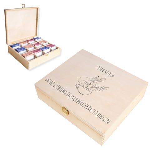 Creative Deco Personalised Wooden Tea Box Storage with Lid | 12 Compartments | Your Text | 29x25x7.5cm | Natural Wood | Organiser Keepsake Caddy Chest | Gift Box | UV Print