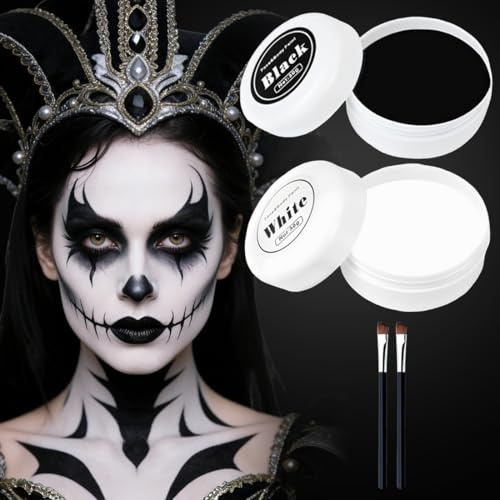 Schminke Karneval Schwarz Weiß, Schminke Schwarz Weiß, 100g Theaterschminke Set für Skelett & Clown Look, Hochdeckende & Hautfreundliche Gesichtsfarbe für Erwachsene und Kinder