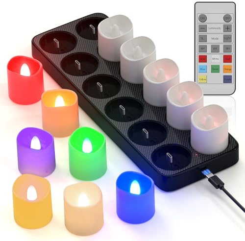 PChero LED Teelichter Wiederaufladbar mit Ladestation, 12er Set RGB LED Multicolour Bunte Kerzen Aufladbar Flackernd mit Timer und Fernbedienung für Halloween Zimmer Deko Weihnachten