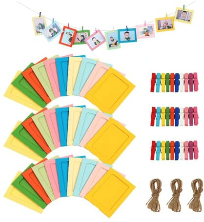 YZROHYI 30 Pièces Cadre Photo Carton Multicolores 11.5×15.5 CM,Cadre Photo A Decorer avec Pince en Bois et Corde en Jute,Guirlande Photo Anniversaire,Cadre Créatif pour Decoratif,Porte Photo Mural
