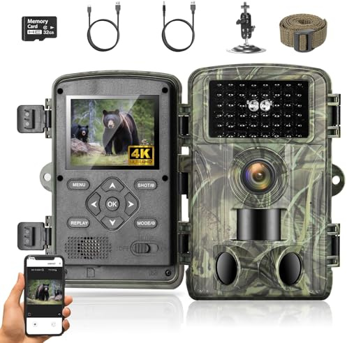 Fototrappola WiFi, 4K Fotocamera Caccia 60MP, 32GB Fototrappola Notturna con IR Visione 120 Fototrappole Infrarossi Invisibili Trappola di Sorveglianza con LCD 2.0 per Animali Movimento Attivato