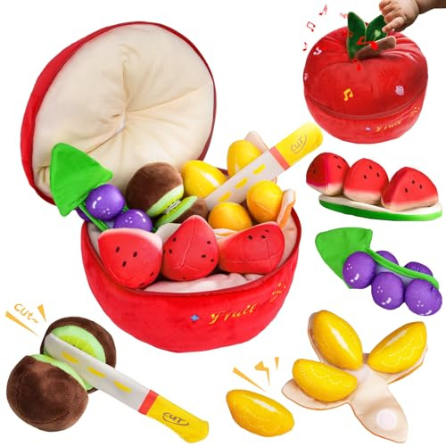 Baby Spielzeug 6-36 Monate,5 in 1 Musikalische Plüsch Spielzeug,Montessori Sensorik Spielzeug Schneiden Obst Plüsch Spielzeug mit Rattle,Beeps,Texturen Krinkengewebe,Geschenke für Kinder 1 2 Jahre