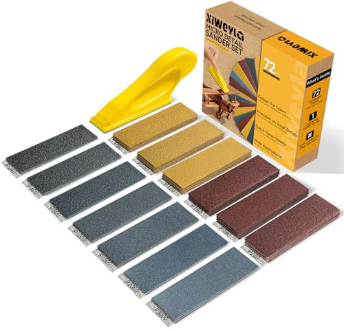 XIWEYLA 72PCS Premium Sandpaper Set with Ergonomic Hand Sander – Micro Sander & Detail Sander Sanding Sheets, 13 Grit Levels 80–3000, Color-Coded Sandpaper for Wood, Crafts, DIY & Furniture Projects