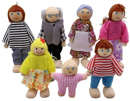 Casa delle Bambole Famiglia 7 Pezzi/Set Casa delle Bambole in Legno con Persone con Giunto Mobile Interattivo Genitore-Figlio Figure Familiari per Giochi di Finzione, Decorazione