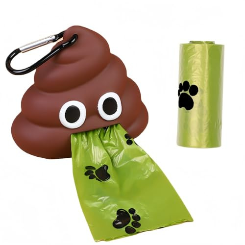 Vyloky Dispensador de bolsas de excrementos portátil, diseño divertido con gancho de metal, práctico soporte para bolsas de excrementos para viajes, fácil e higiénico (dispensador + 1 rollo)