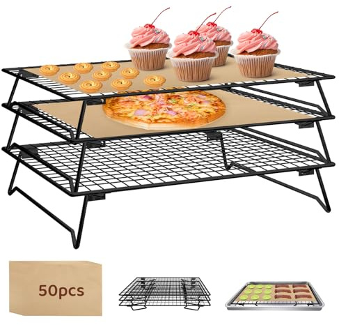 Vehookin 3 Tier Stackable Cooling Rack for Cooking and Baking, Wire Rack for Baking Sheet w/50 Parchment Papers, 13.4 x 9 Cookie Cooling Rack for Pizza, Bread, Cake,Veggie,Jerky, Drying Baking Rack