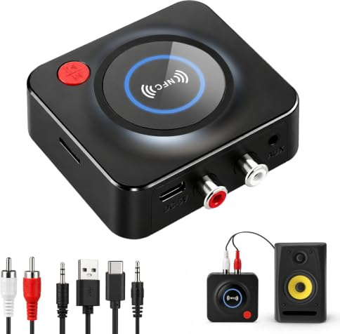 Recepteur Bluetooth 5.1 Stereo Audio HiFi Receiver RCA 3,5 mm Jack AUX | Adaptateur Bluetooth sans Fil pour Voiture Tablette Smartphone Enceinte Home Cinema Support Carte TF et Fonction NFC