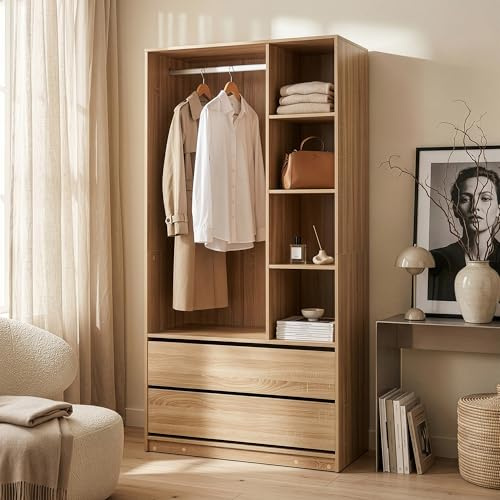 [en.casa] Kleiderschrank offen Vippsaki mit Kleiderstange 4 Fächer Kleiderständer 2 Schubladen Schrank Schlafzimmer Garderobe 200 x 100 x 50 cm Eichoptik