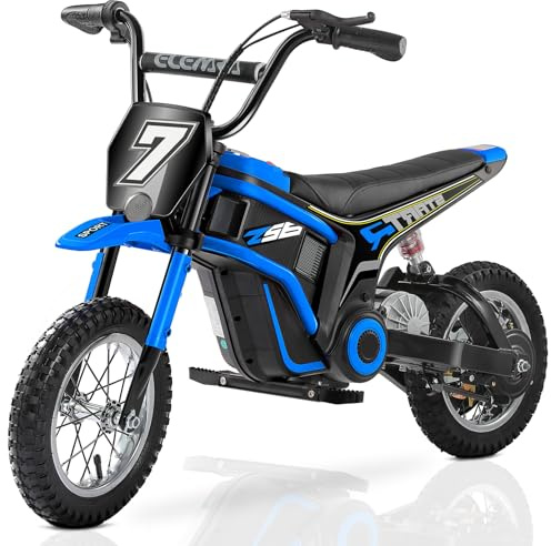 ELEMARA 24V Motorrad Elektrisch für Kinder, 250W Dirt Bike W/Rücklichtern,Musik,22,5 KM/H & 150 KG Max, Kettenantriebsmotor,Drehgasgriff & Handbetätigte Hinterradbremse,12 Luftreifen-Blau