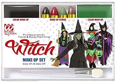 W WIDMANN MILANO Party Fashion 02410 - Make-Up Set Hexe, 4 Stifte, schwarzes und grünes Make-Up in Schale, Pinsel, Karneval, Mottoparty, Halloween