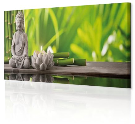 decomonkey Bilder Zen Spa 150x50 cm 1 Teilig Leinwandbilder Wandbild Natur | Strukturleinwand, Holzkeilrahmen, Bild auf Leinwand, Kunstdruck, Wanddeko, Wohnzimmer, Wanddekoration, Stein, Bambus, Lotus