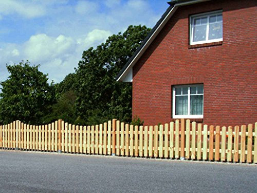Komplettset Holzzaun 4m–38m wählbar (dieses Premium Paket ist 24,80m) Zaun inkl. allem Zubehör Staketenzaun 120cm Höhe unten gebogene Form - V2A Schrauben verschraubt - aus getrocknetem Holz - kdi