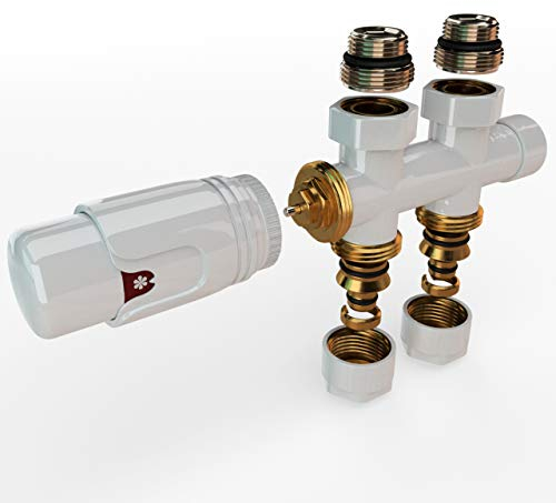 Design Multiblock für Heizkörper – Mittelanschluss-Set in Durchgangsform Weiß mit 50 mm Nabenabstand – Hahnblock, Thermostatventil, Anschlussarmatur für Kunststoff- und Kupferrohre