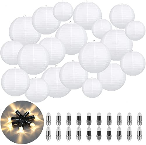 LIHAO 20er weiße Papier Laterne Lampions rund Lampenschirm mit 20 Pcs Warmweiß Mini LED-Ballons Lichter Hochzeit Dekoration Papierlaterne (Verschiedene Größen)