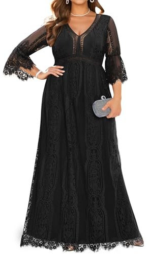 Pinup Fashion Vestido Largo de Encaje Floral Bohemio para Mujer, Talla Grande, con Cuello en V, Vestido de Fiesta, Negro, 52 Grande