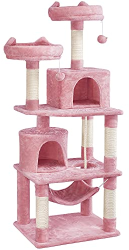 Yaheetech Kratzbaum 158 cm Kartzenbaum Katzenkratzbaum, mit 2 Katzenhäusern und 2 Plattformen, Sisal Katzenmöbel stabil, Rosa