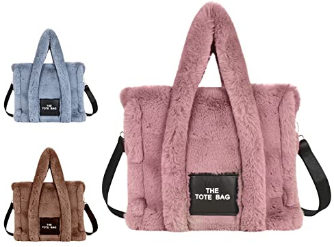 Aucuu plysch tygväska för kvinnor flicka, fluffig handväska mjuk crossbody väska justerbar axelrem stor kapacitet för shopping skola resa arbete, Rosa, Large