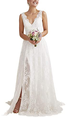 Beyonddress Abito da sposa da donna in pizzo con scollo a V Appliques ufficio del registro abiti da sposa, avorio 08, 58