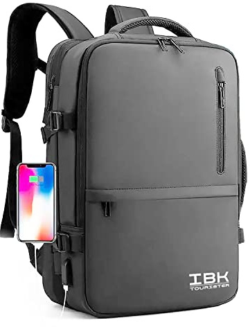 IBK Mochila de viaje equipaje de mano, porta PC portátil Laptop Notebook Computer, tela impermeable, con cargador USB, hombre mujer trabajo oficina escuela gris negro, gris, Talla única