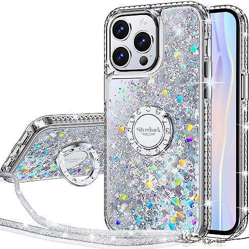 Silverback für iPhone 15 Pro Max Hülle, Glitzer Handyhülle mit Ring & Band | Silber,Silikon Flüssigkeit Clear Case, Treibsand Schutzhülle für Mädchen