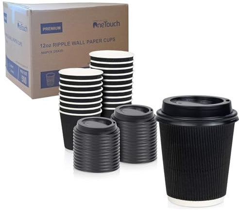 A406 100 X 12oz / 360ml Black Triple Walled Disposable Paper Ripple Cups Disposable Coffee Tea Cups Disposable Hot Drink Cups and LIDS (with Lid)