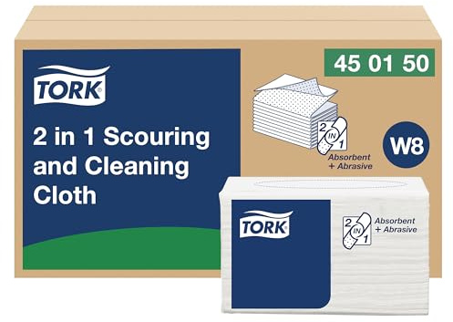 Tork 2-in-1 Scouring and Cleaning Cloth, White, Reusable, W8 Compatible, Scratch-Free Cleaning, 8 Packs of 45 Sheets Each (450150)
