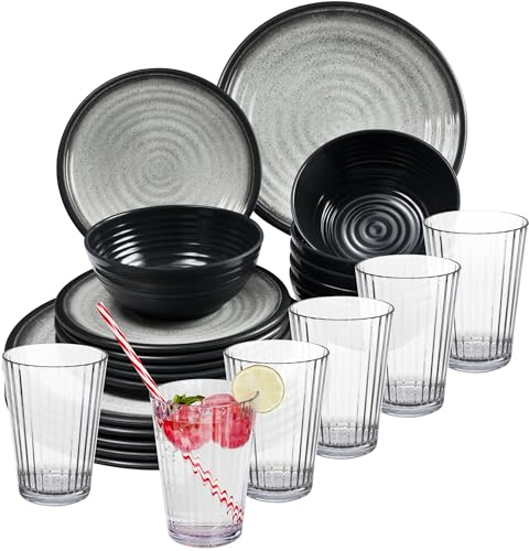 Vaisselle en mélamine pour 6 personnes - Gris aspect granit - 24 pièces - Avec verres transparents de 580 ml - Vaisselle de camping - Passe au lave-vaisselle - Vaisselle de camping - Vaisselle de