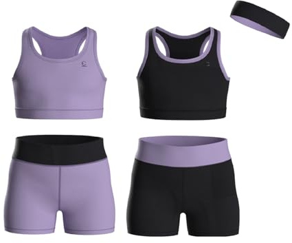 Essenclo Girls Clothing Athletic Sets Sleeveless Crop Tank Tops & Bike Shorts Cheer, Gymnastics, Volleyball Size 3-16 (5 Pcs) - E2108 - Set-1-11-12