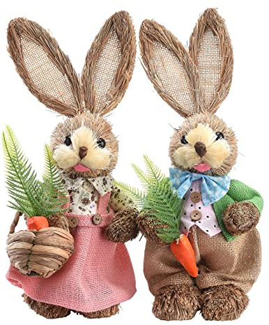 Blanketswarm 2Pcs Standing Bunny Statue,Easter Bunny Figurine Straw Bunny Decor Handmade Straw Bunny Figurine Easter Bunny Decorations Home Garden Porch Sign Decoration(Pink)