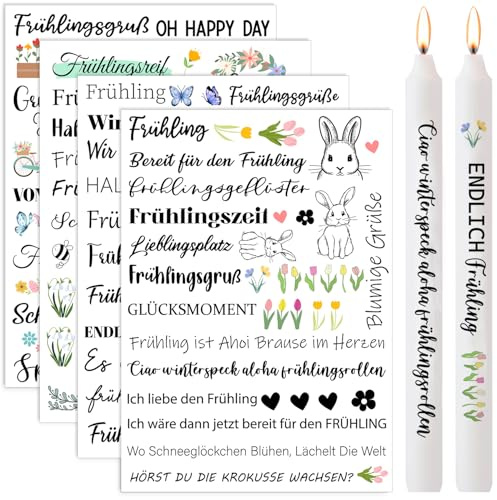 Hongma Frühling Kerzentatoo 4PCS Kerzen Tattoofolie Sprüche Spring Wasserschiebefolie Kerzentattoos Tattoo Folie Kerzentatoofolie Kerzenfolien Tatoofolie Kerzenaufkleber Sticker (gespiegelt)