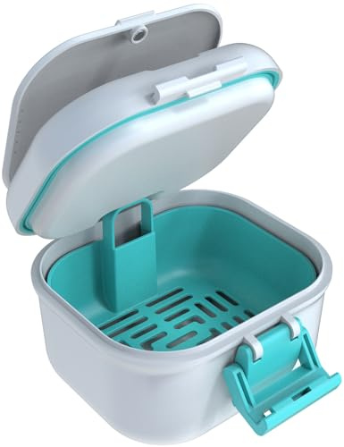 ARGOMAX Auslaufsicher Prothese Box, Tragbar Einweichen Zahnprothesendose, Upgraded Version mit Aufbewahrungsfach, Zahnersatz Badekoffer mit Sieb, für Zahnersatz und Zahnspangen, (weiß + cyan).