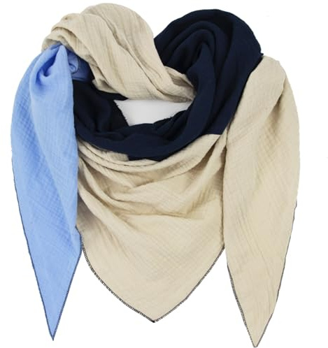 Gloop damscarf XXL stickad triangel halsduk halsduk bomull triangulär halsduk muslin halsduk utan repor på huden, tillverkad i Italien, Beige-ljusblå-mörkblå, one size