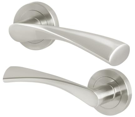 EAI Satin Nickel Door Handles, 1 Pair Lever on Rose - Novoli | 1 Pair of Lever on Rose Internal Door Handles, Fixings Included