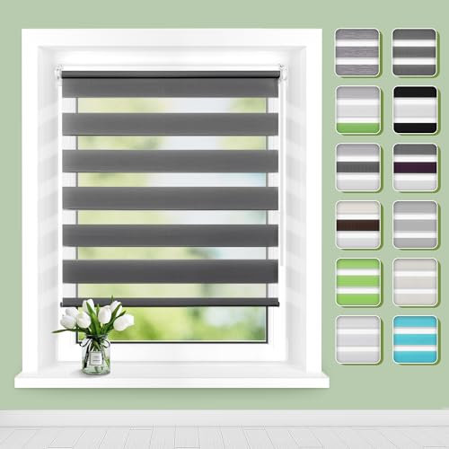 Doppelrollo Klemmfix ohne Bohren B70 x H120cm(Stoffbreite 66cm) Anthrazit, Rollos für Fenster ohne Bohren, Klemmrollos mit Lichtdurchlässig & Verdunkelnd, Seitenzugrollo Sonnenschutz Rollo