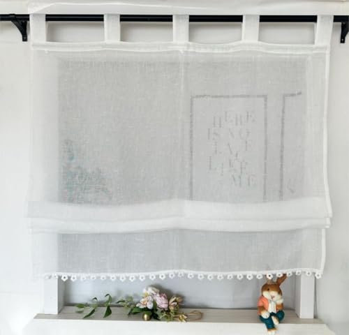 Vordesack Tenda a pacchetto effetto lino con bordo floreale, in tinta unita, con passanti, stile rustico, per soggiorno e cucina, 1 pezzo, bianco, altezza x larghezza 140 x 60 cm