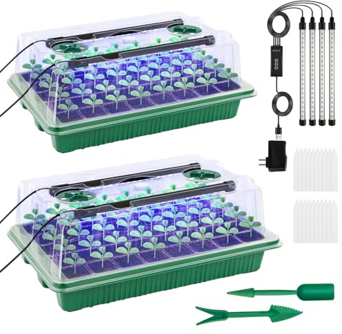 Seed Trays with Grow Light, 2 Pack 80 Cells Propagators for Plants with Heightened Lids, with Timing Controller Adjustable Brightness, LED Full Spectrum Plant Lights, Seed Starter Tray for Seedlings