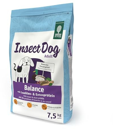 Green Petfood InsectDog Balance (1 x 7,5 kg) | Vuxen | Premium torrfoder för vuxna hundar | Anka och insektprotein | glutenfri | med vitamin E & C | låg fetthalt | 1-pack