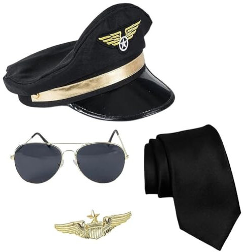 Keuyeo Pilotenkostüm-zubehör, Halloween-Dress-up-pilotenkostüm-Set Pilotenhut, Sonnenbrille, Pilotenflügeln, Abzeichen, Krawatte, Halloween-Cosplay-kostümzubehör