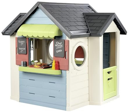 SMOBY LIFE CHEF HOUSE PLAYHOUSE, 1.3M TALL, OPEN WINDOW, DOOR WITH ACCESSORIES. Indoor/outdoor sustainable play with 66% recycled material