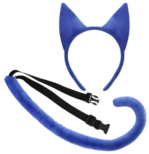 XEPST Blå djur katt kostym set, blå kattöron och svans med kattöra pannband och kattsvans för djurdräkt cosplay födelsedag halloween kostym fest
