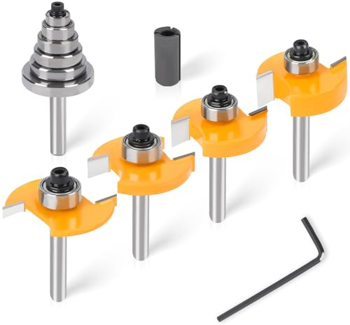 Rabbeting Router Bit Set with 6 Bearings, 1/4-Inch Shank, 4Pcs Bits (1/8，3/8 to 1/2 Height) for Woodworking, Rabbet, Biscuit Joiner & Slot Cutting，Bearings with 1/2 to 1/4 Router Collett