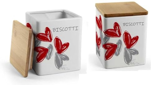 UTILISSIMI EDITACASA - Tarro para galletas de cerámica, diseño Love Me, recipiente cuadrado de 13 x 17 cm con tapa de madera, blanco con adornos rojos